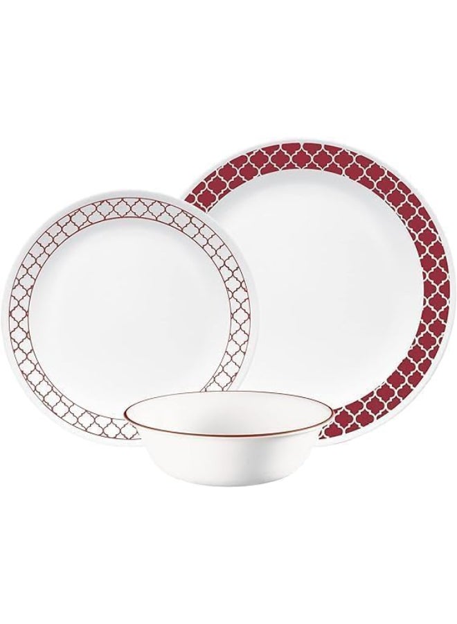 Corelle Crimson Trellis 12-Piece Dinnerware Set, Vitrelle Glass, Chips & Crack Resistant, Lightweight & Stackable, Dishwasher & Microwave Safe, Service for 4, Includes 4 Dinner Plates, 4 Side Plates & 4 Soup/Cereal Bowls - Image 4